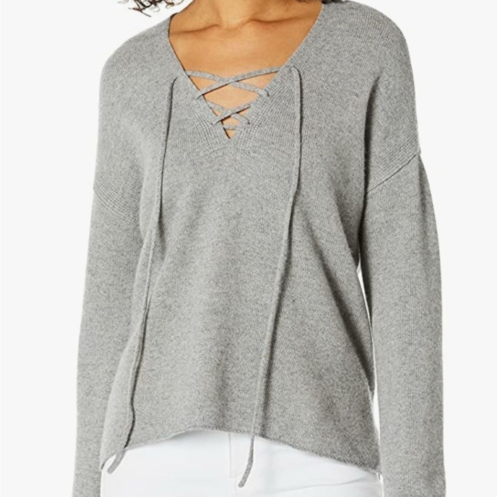 Joie Wool Cashmere Blend Grey Tie-Front V Neck Sweater, Medium